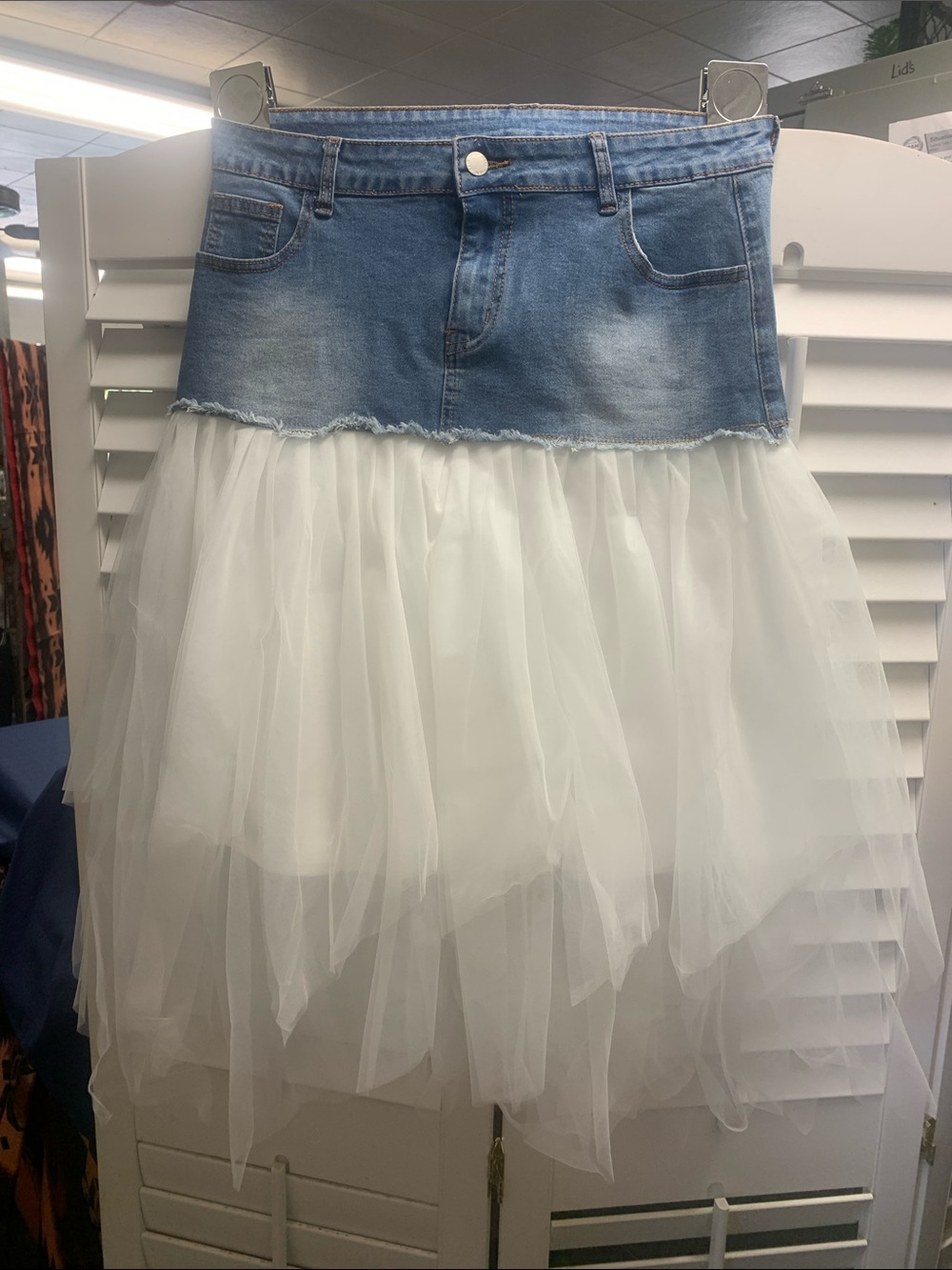 SHEIN Blue Denim & White Tulle High-Low Skirt